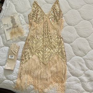 GreatGatsbyFlapperDress Beige/SatinGlovesElbowLength /Headband w Feather apricot